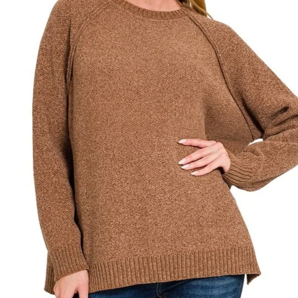 Camel Round Neck Raglan Sleeve Soft & Cozy Sweater